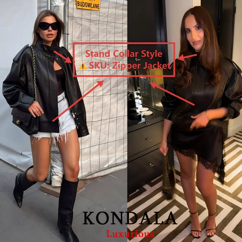 KONDALA Damen Schwarze PU Lederjacke Large – Casual Chic Streetwear Jacke mit Knöpfen &amp; Taschen für Herbst 2026 