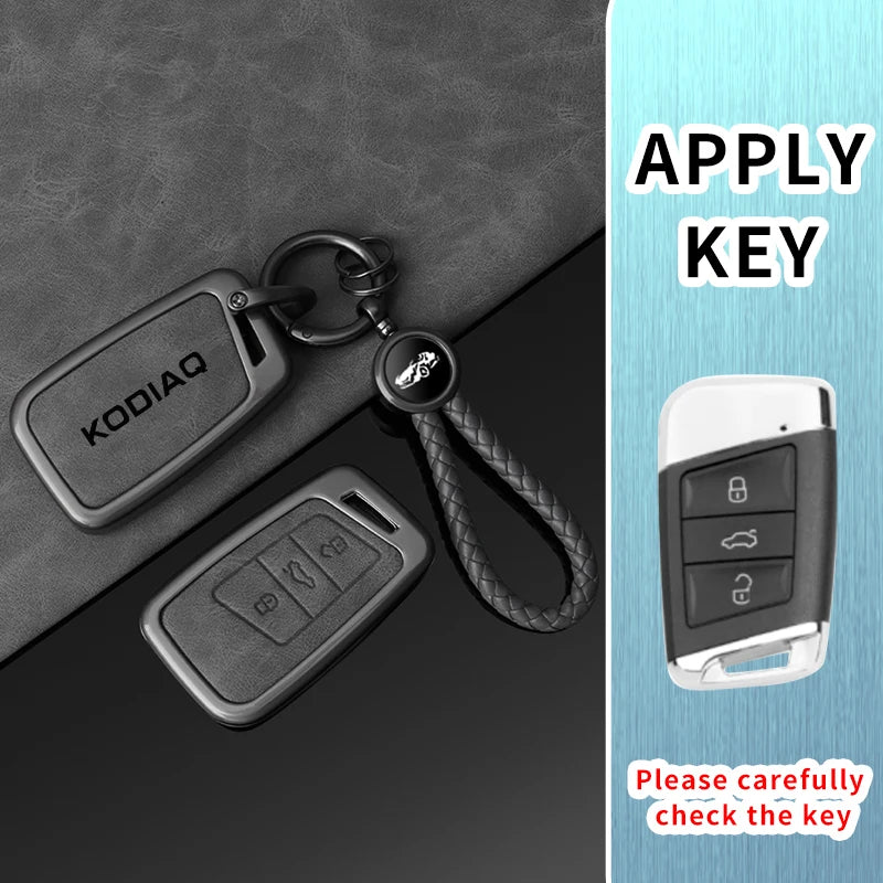 Premium Leder-Metall Autoschlüssel Hülle für Skoda Kodiaq – Elegantes Keyless Key Case Cover mit robuster Schutzhülle