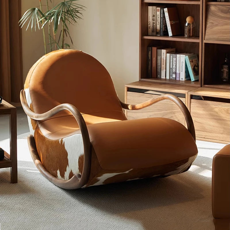 Minimalistischer Schaukelstuhl aus schwarzem Walnussholz mit Echtleder – Moderner Luxus-Relaxsessel für Wohnzimmer, Balkon & Schlafzimmer