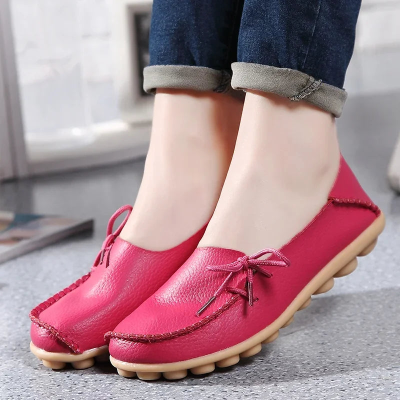 YBQJOO Damen Flats – Slip-On Mokassins aus echtem Leder, runde Zehen, bequeme Loafers für Alltag, Pflege & Plus Size 33-50
