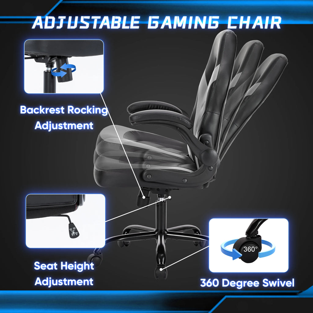JHK Ergonomischer Bürostuhl & Gaming Chair aus PU-Leder – Höhenverstellbarer Racing Drehstuhl mit klappbaren Armlehnen für Homeoffice & Computer