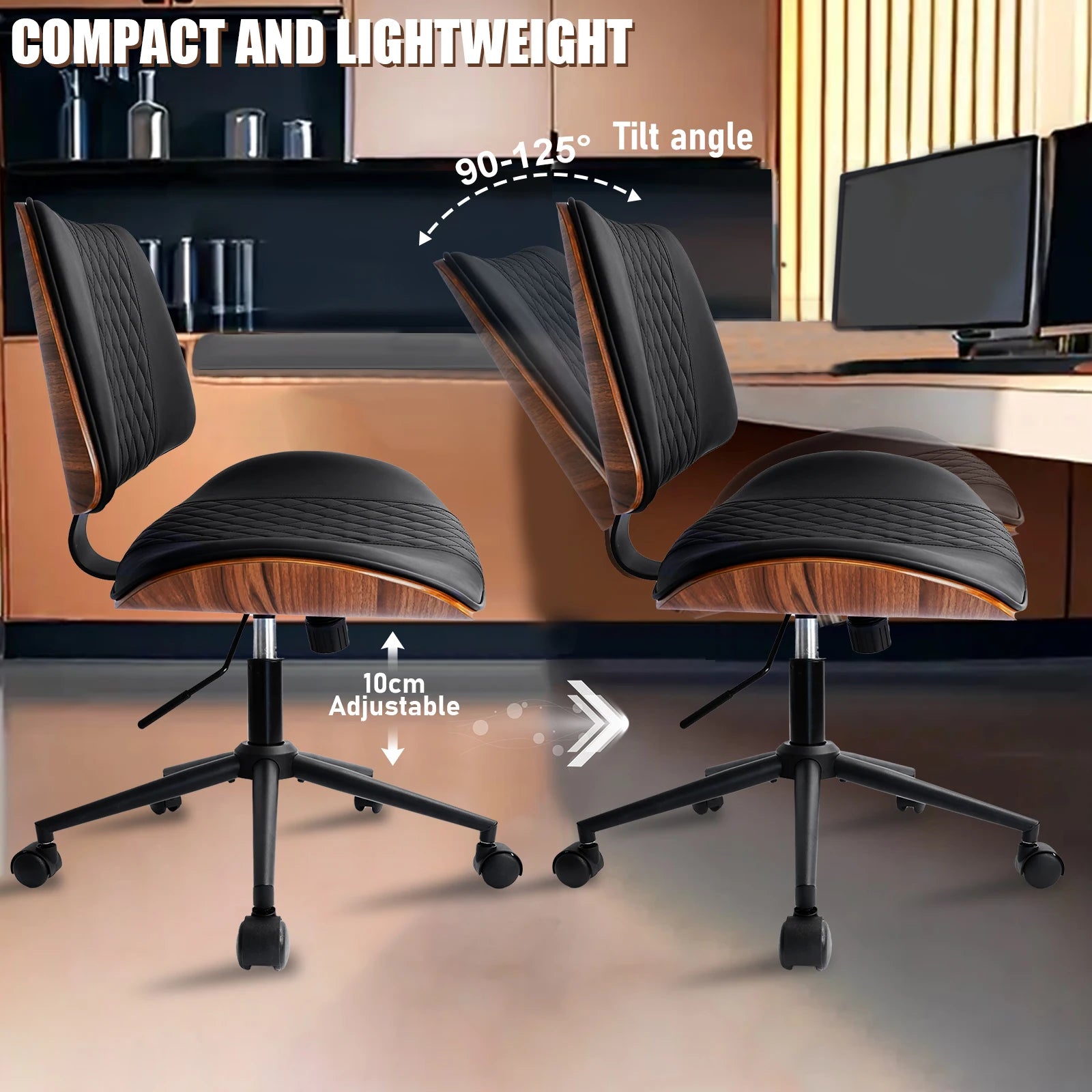 Durrafy Armloser Bürostuhl aus Leder – Moderner Schreibtischstuhl in Walnuss-Optik, höhenverstellbar & drehbar für Homeoffice