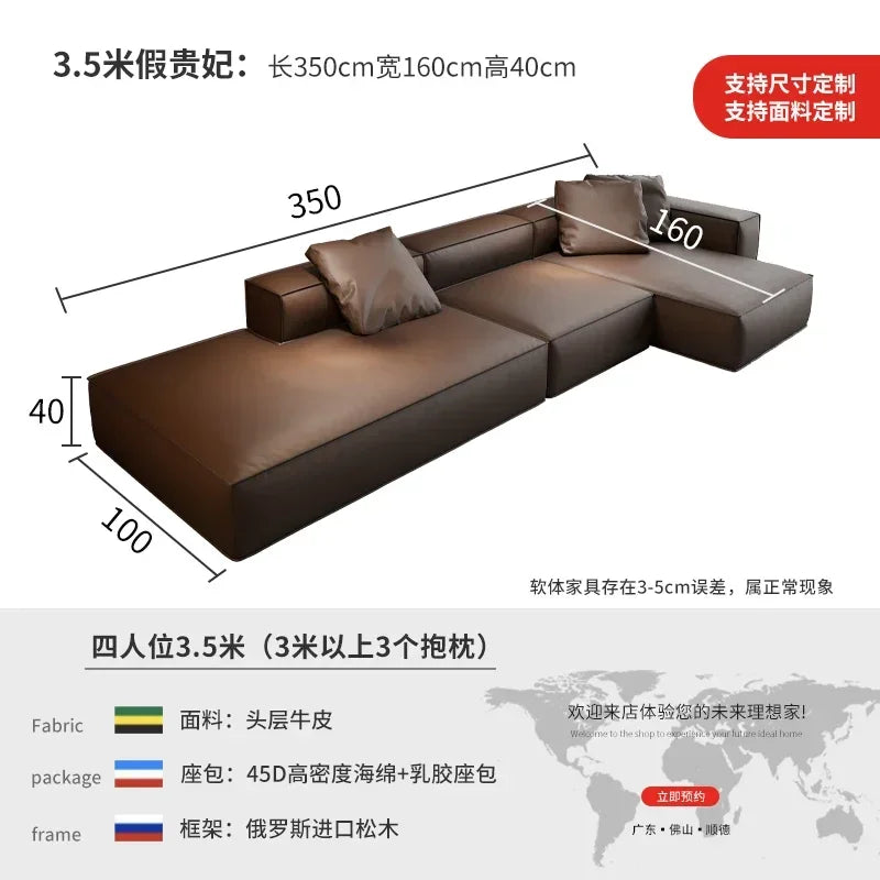 Nordisches Luxus Leder-Ecksofa im minimalistaischen Design – Designer Lounge Sofa aus Rindsleder, modernes Relax-Sofa für Wohnzimmer &amp; Salon