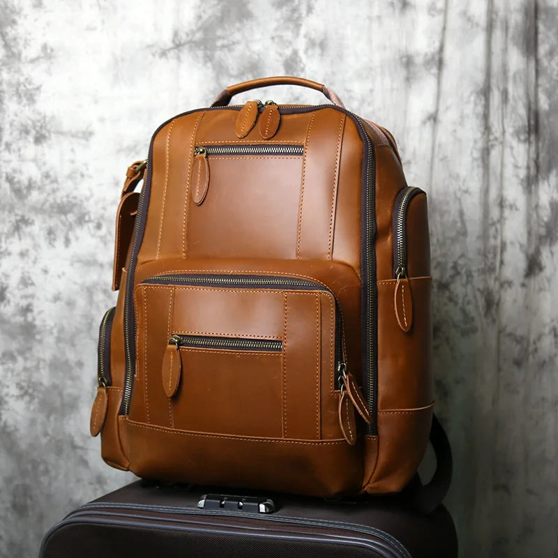 NZPJ Retro Herren Leder Rucksack aus echtem Rindsleder – Großer Vintage Laptop- & Reiserucksack aus Crazy Horse Leder