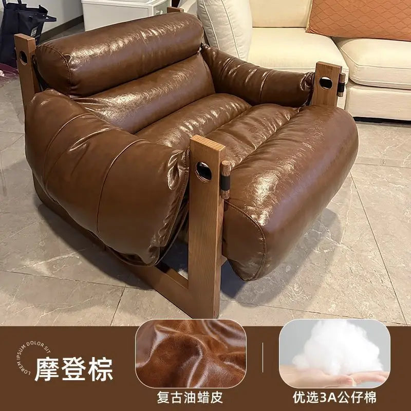 Italienischer Retro Lazy Sofa Chair aus Oil-Wax-Leder – Designer Leder-Armchair für Wohnzimmer, moderner Single Lounge Chair im Vintage-Stil
