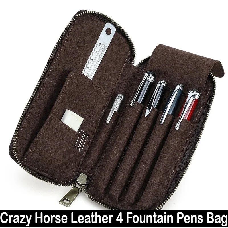 Vintage Crazy Horse Cuir Stifteetui – Handgefertigtes Echtleder Pen Case pour 4 Füllfederhalter | Sac à dos multifonction en cuir avec sac à dos 