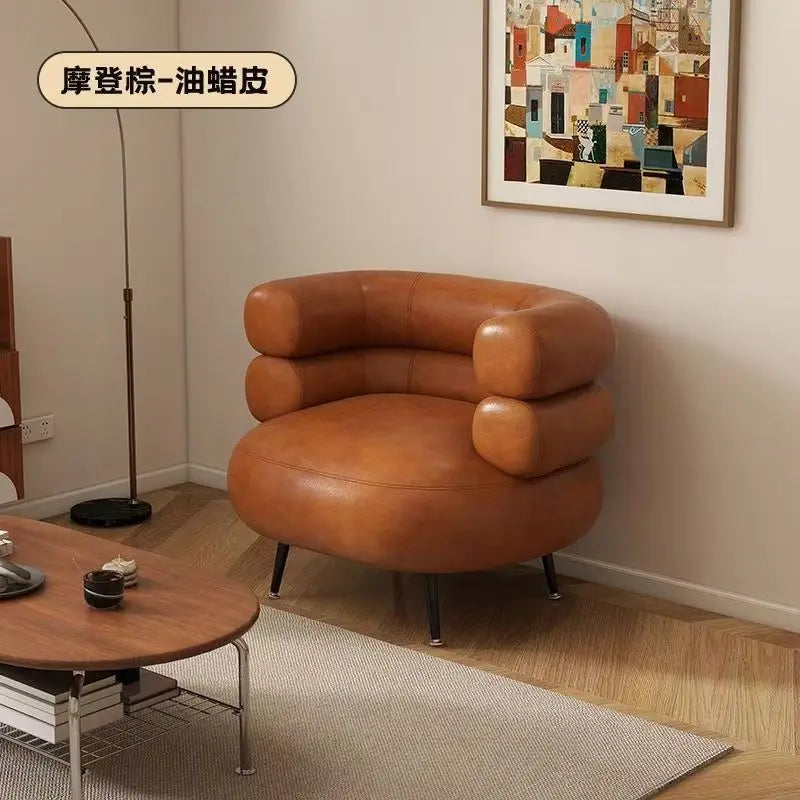 Moderner Leder Accent Chair mit geschwungener Rückenlehne – Lazy Sofa Chair aus echtem Wachsleder, haustierfreundlicher Relaxstuhl für Wohnzimmer &amp; Schlafzimmer