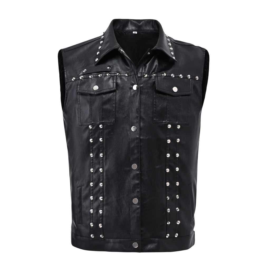 Hombres Lederweste Schwarz – Slim Fit Biker Weste mit Nieten, Turn-Down-Kragen &amp; Knopfleiste für Motorrad &amp; Alltag