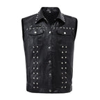 Hombres Lederweste Schwarz – Slim Fit Biker Weste mit Nieten, Turn-Down-Kragen &amp; Knopfleiste für Motorrad &amp; Alltag