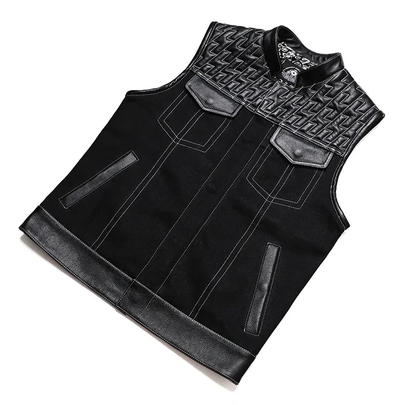 SOA Club Style Herren Biker Weste – Slim Fit Motorrad Weste mit Denim-Patchwork & Stickerei, Ärmellose Sons of Anarchy Style Waistcoat