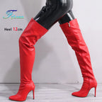 Damen Overknee Stiefel mit seitlichem Reißverschluss – Spitze Thigh-High Boots aus Lederoptik mit 12 cm Stiletto & Plateau (bis Größe 47)