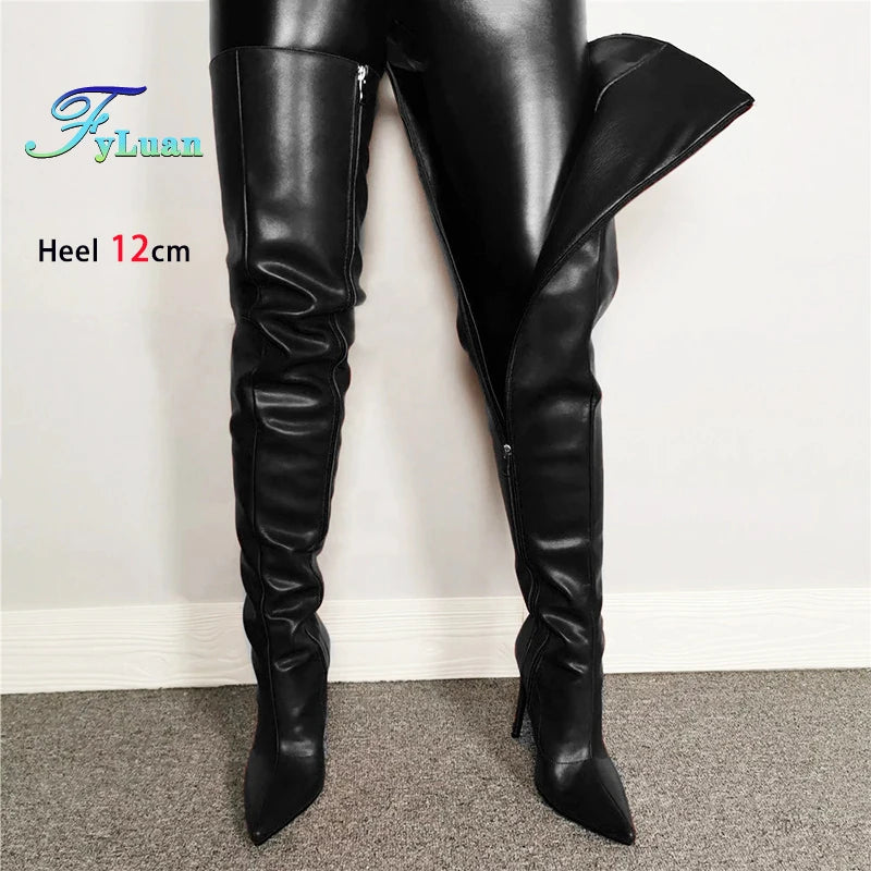 Damen Overknee Stiefel mit seitlichem Reißverschluss – Spitze Thigh-High Boots aus Lederoptik mit 12 cm Stiletto & Plateau (bis Größe 47)