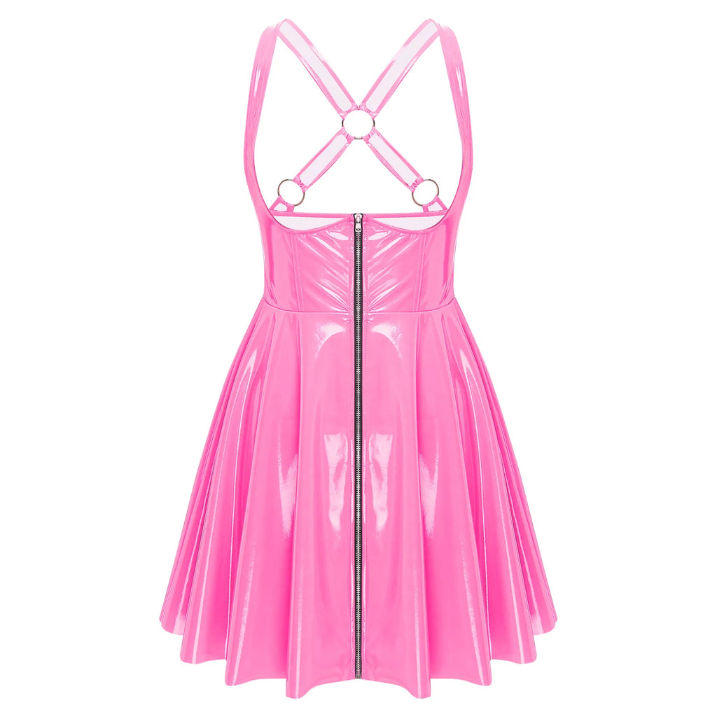 Ropa de cuero de PU con apariencia húmeda y estilo gótico punk: vestido ceñido al cuerpo con cremallera frontal, copas recortadas y una línea A asimétrica 