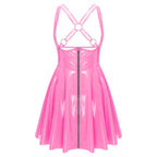 Ropa de cuero de PU con apariencia húmeda y estilo gótico punk: vestido ceñido al cuerpo con cremallera frontal, copas recortadas y una línea A asimétrica 