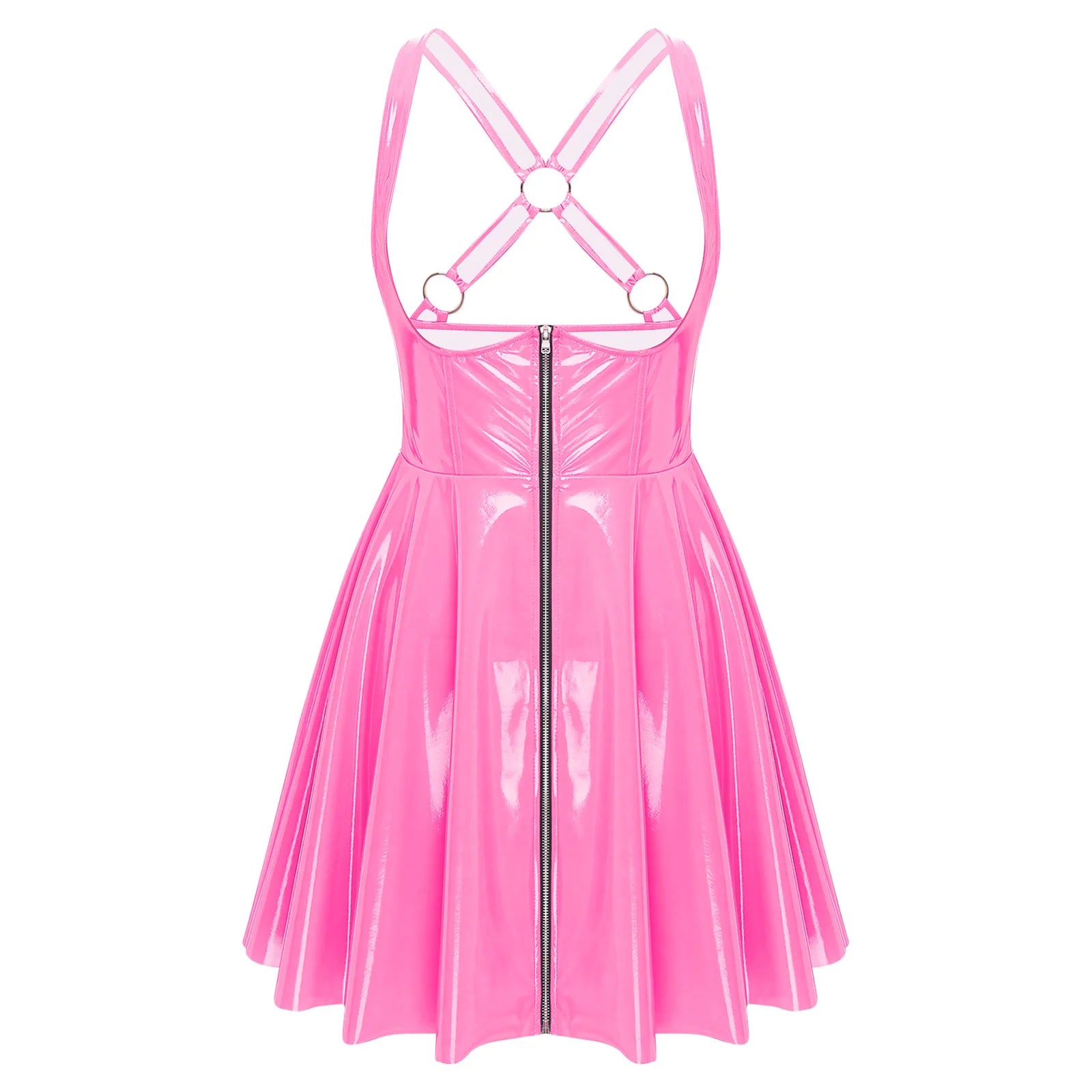 Gothic Punk Wet-Look PU-Leder Kleid – Ärmelloses Bodycon Clubkleid mit Front-Zipper, Cut-Out Cups & asymmetrischer A-Linie