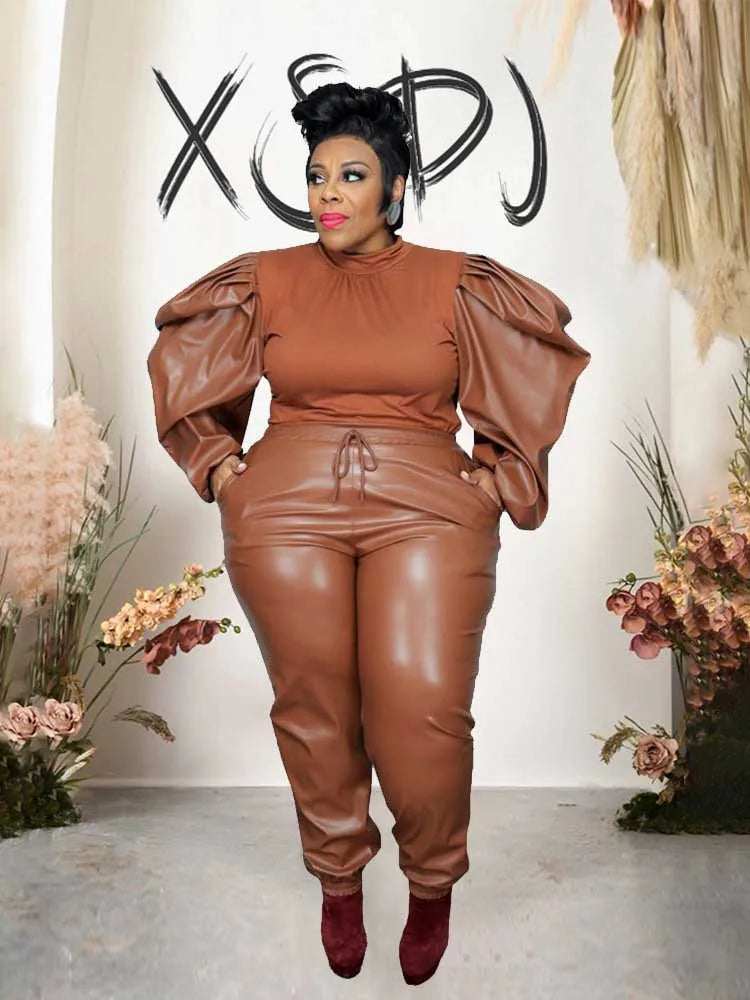 Damen Plus Size Zweiteiler Herbst & Winter – Patchwork Set aus PU & Strick mit Oberteil und Lederlook-Hose, Große Größen 2XL–5XL