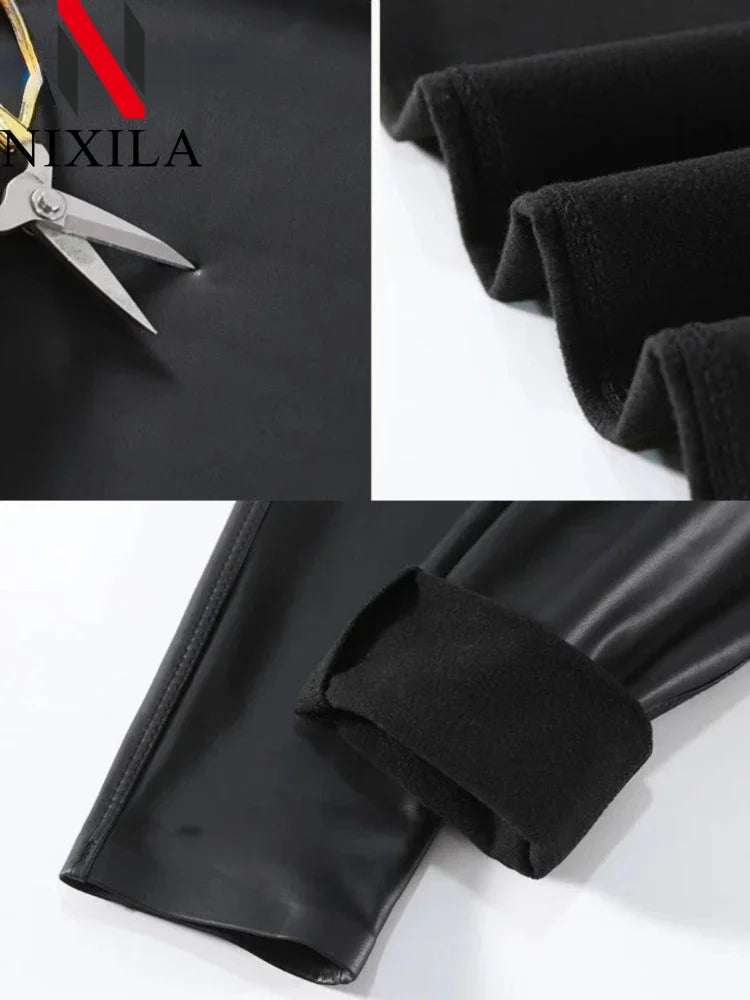 Leggings de piel sintética para mujer con cintura alta – Weich, elastisch &amp; leicht gefüttert, figurbetonte Winter Leggings in Schwarz 