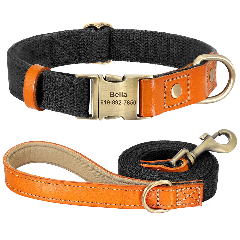 Personalisiertes Hunde-Halsband & Leinen-Set aus Nylon & Echtleder – Graviertes ID-Halsband mit 5ft Führleine für kleine, mittlere & große Hunde