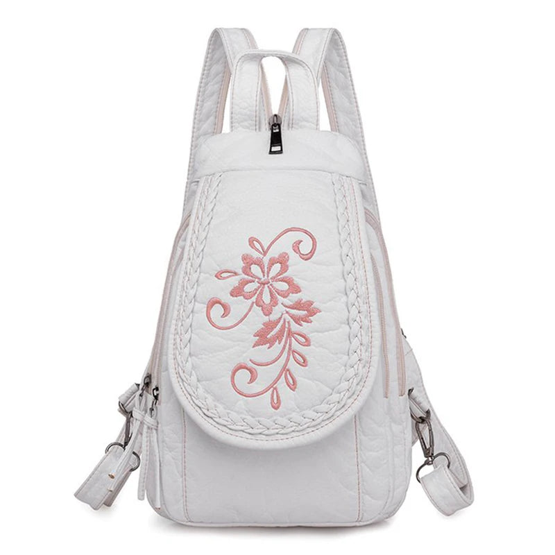 KMFFLY Damen Mini Rucksack aus weichem PU Leder – Bestickter Blumen Backpack, leichter Fashion Schul- & Freizeitrucksack für Mädchen