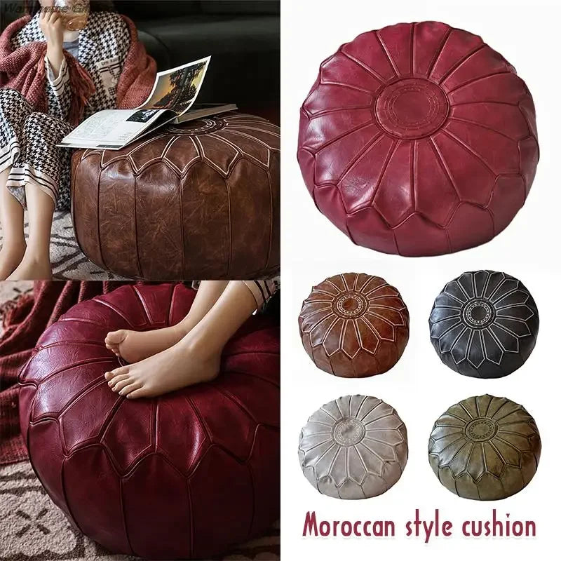 Marokkanischer PU Leder Pouf 58 cm – Handgefertigtes Meditationskissen & Ottoman mit Stickerei, rund, ungefüllt