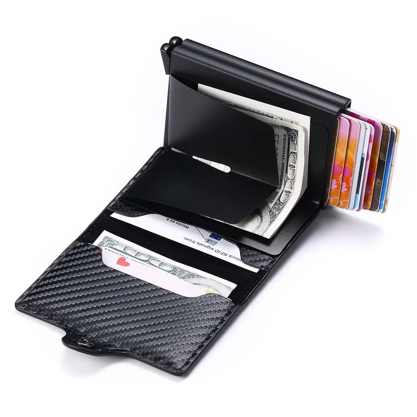 RFID Herren Kartenetui aus Carbonfaser – Slim Mini Wallet mit 14 Kartenfächern, PU-Leder & Aluminium, Kompakte Geldbörse für Kreditkarten