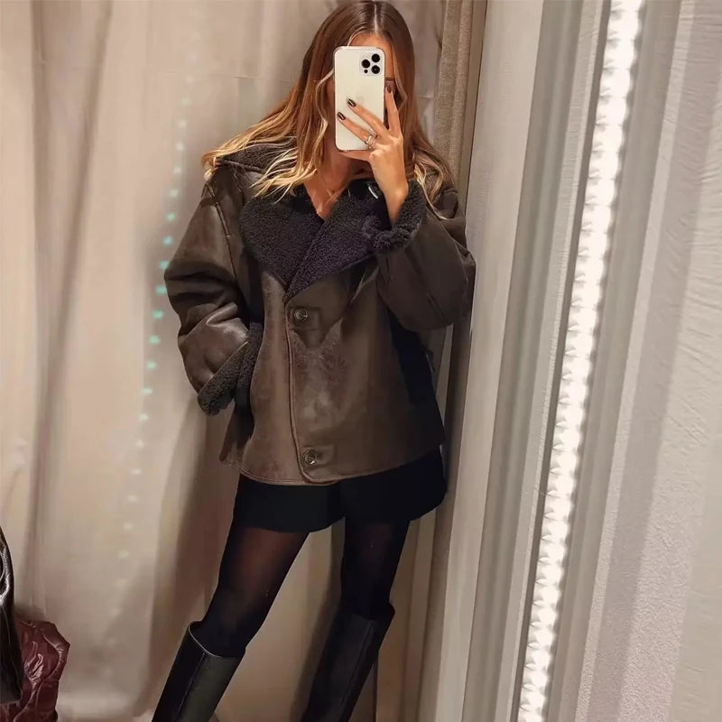 MUJER Damen Faux Leder Bomberjacke – Warme Winterjacke mit Plüschfutter, Oversized Look & High-Street Style