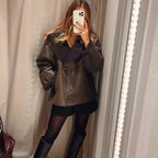 MUJER Damen Faux Leder Bomberjacke – Warme Winterjacke mit Plüschfutter, Oversized Look & High-Street Style