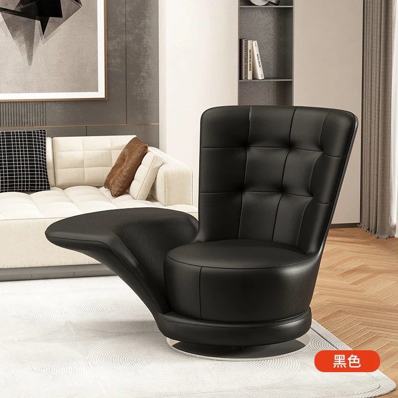 Moderner drehbarer Ledersessel in Schwarz – Übergroßer Relax-Wohnzimmerstuhl mit Armlehnen, lujoso sillón de diseño nórdico