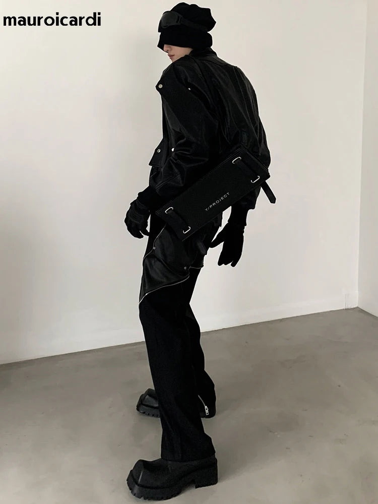 Mauroicardi Herren Oversized PU Lederjacke Schwarz – Kurze High-Street Designerjacke mit Schulterpolstern & Reißverschluss für Frühling & Herbst