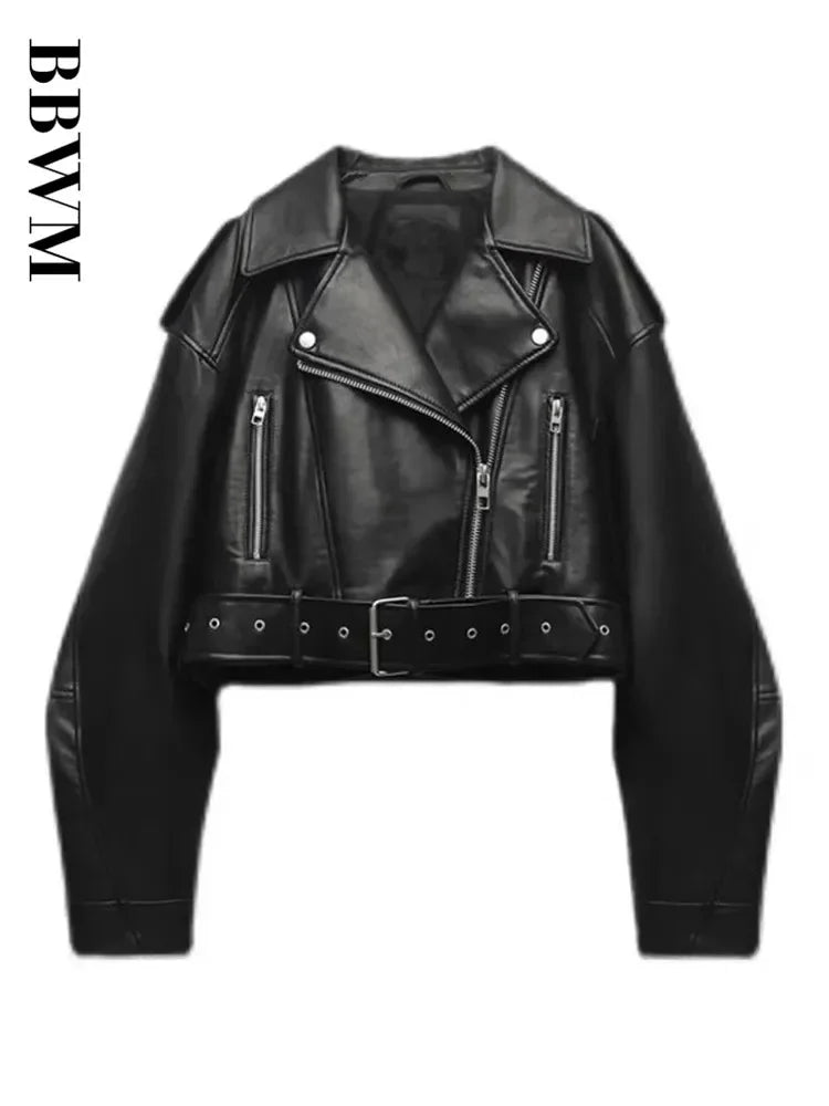 Damen Oversized PU Lederjacke Vintage – Kurze Bikerjacke mit Gürtel & Reißverschluss, Retro Streetwear Look