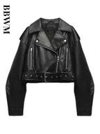 Damen Oversized PU Lederjacke Vintage – Kurze Bikerjacke mit Gürtel & Reißverschluss, Retro Streetwear Look
