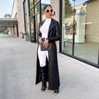 Damen Langer Kunstleder Mantel 2025 – PU Faux Leather Coat mit Reverskragen, Single-Breasted Verschluss & Splice-Design, Y2K Streetwear Jacke