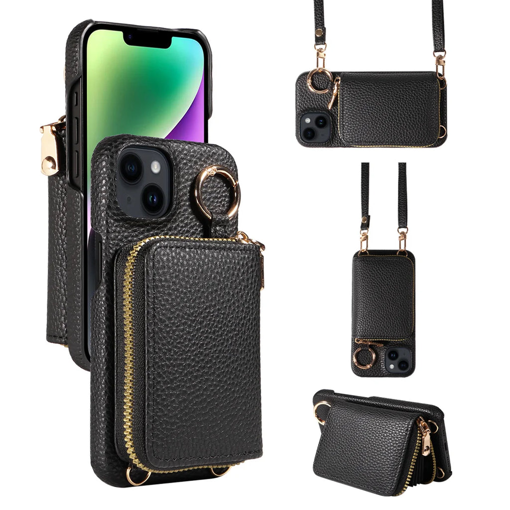 Hochwertige Faux-Leder Umhänge-Handyhülle für iPhone 16e 16 15 14 13 12 11 Pro Max – Crossbody Wallet mit Kartenfach, Stoßfest & Anti-Degaussing