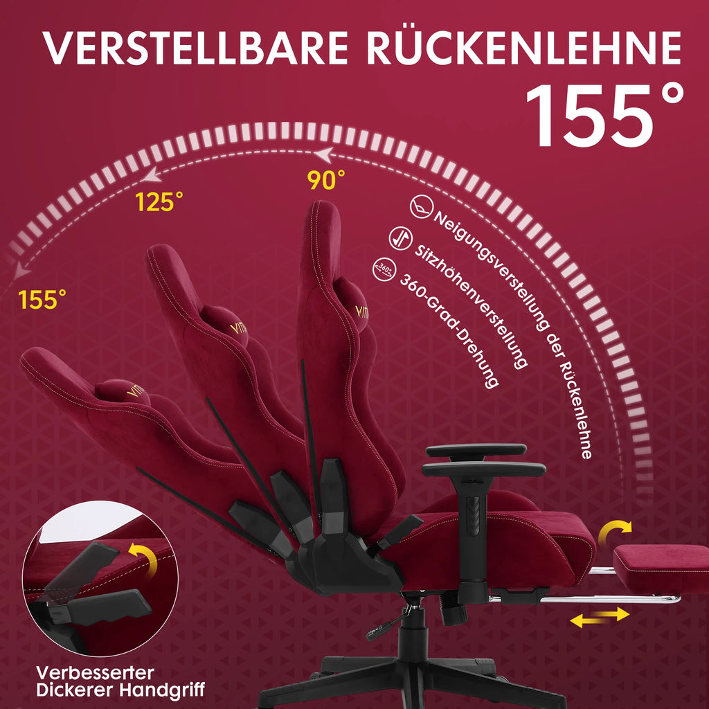 Ergonomischer Gaming Stuhl Rot – Höhenverstellbarer Racing Bürostuhl aus Wildleder mit Drehfunktion, Armlehnen &amp; Rollen 