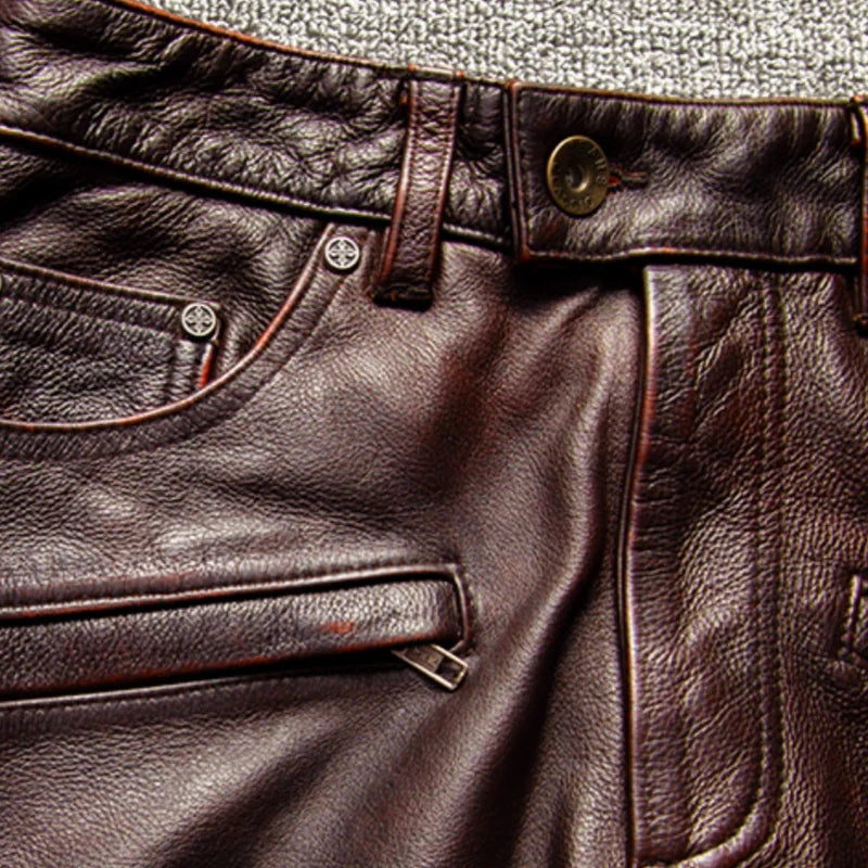 Herren Echtleder-Lederhose in Rotbraun – Vintage Motorrad-Hose aus Rindsleder, warme Winterhose im Retro-Stil bis 5XL