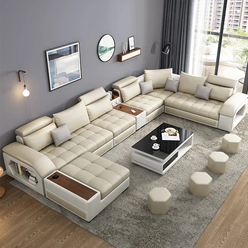 Modernes U-förmiges Sofa-Bett en Leder &amp; Samt – 7-teiliges Designer Wohnlandschaft-Set pour un confort élevé 