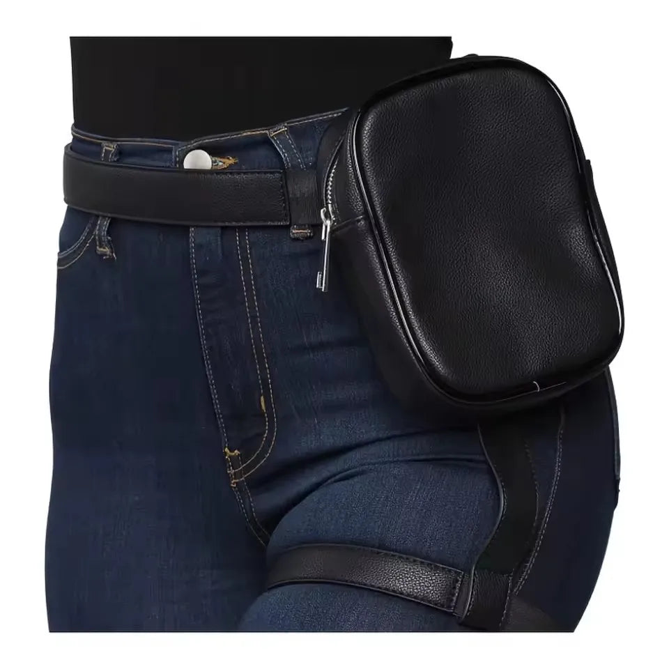 Trendy Damen Hüfttasche 2025 – Schwarze PU-Leder Fanny Pack & Beintasche für Outdoor, Hiking & Motorrad