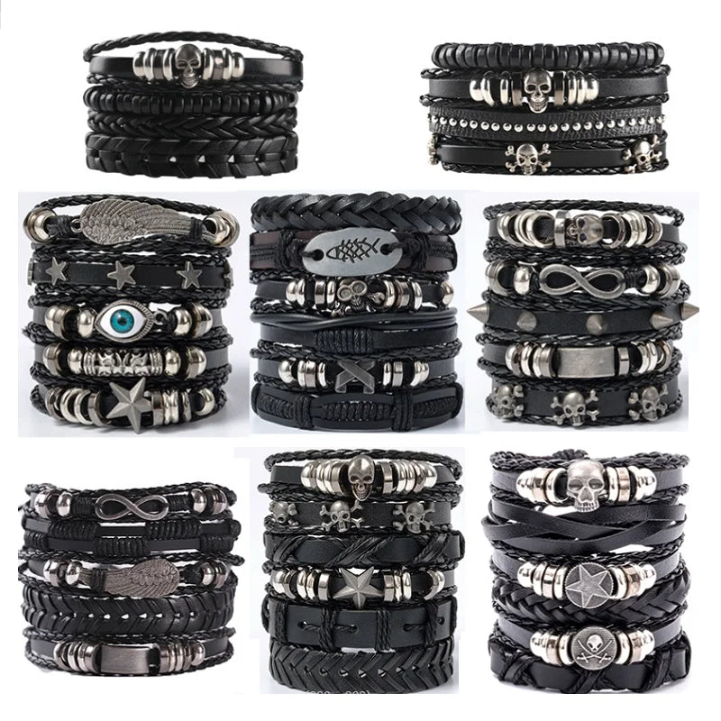 Conjunto de brazalete de cuero multicapa punk: brazalete gótico antiguo con encanto de totenkopf, Augen y Stern en estilo rock Y2K para hombres