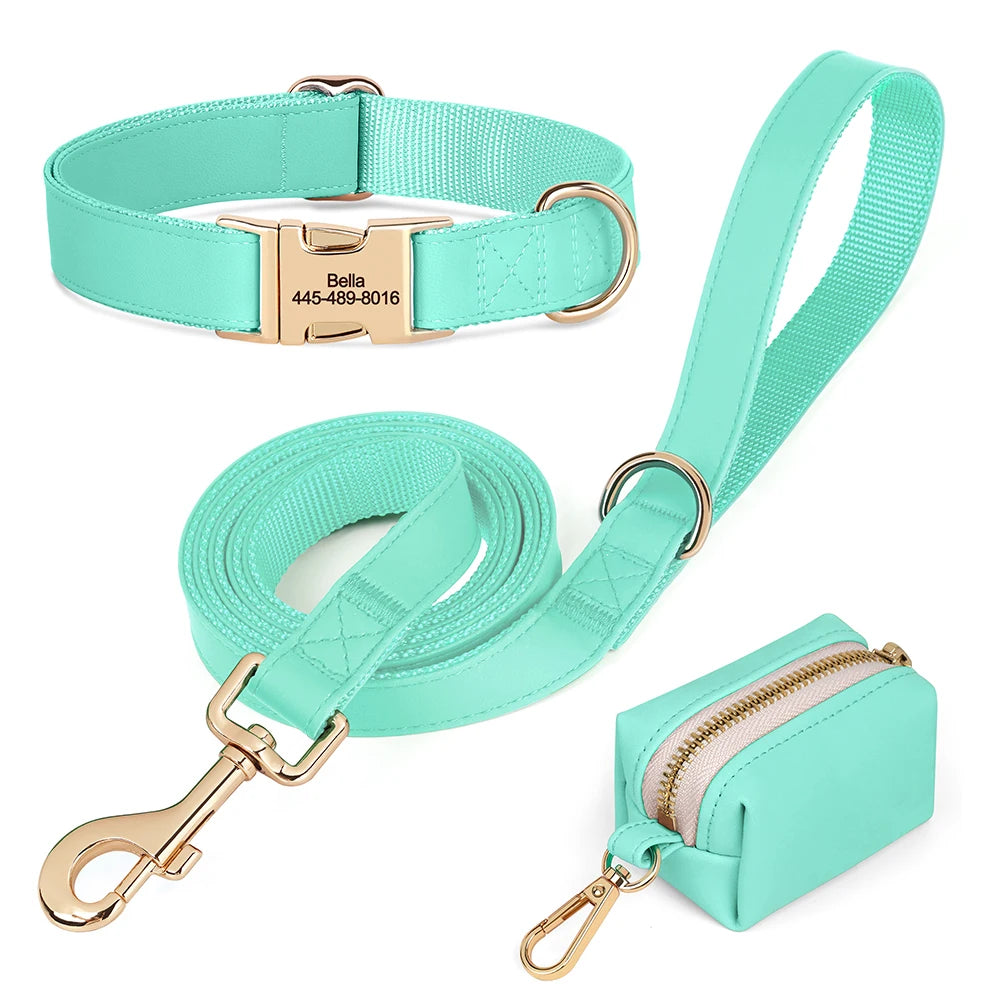 Personalisiertes PU-Leder Hundehalsband- & Leinen-Set mit Kotbeutelhalter – Farbiges Komfort-Set für Hunde & Möpse