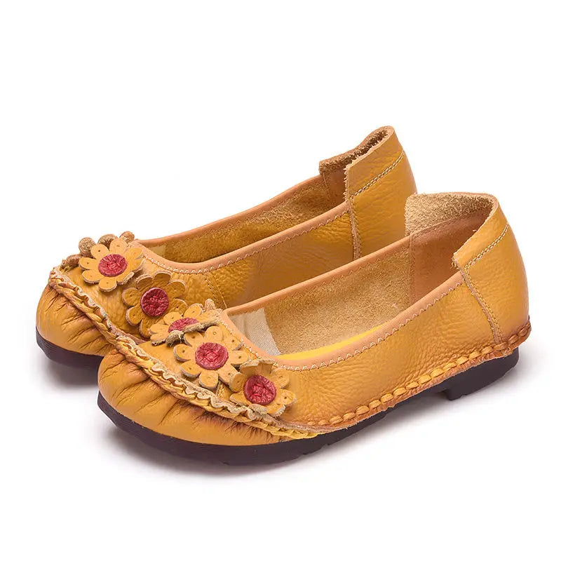 feerldi Damen Vintage Leder Flats WB-56 – Handgefertigte Blumen-Moccasins, Slip-On Ballerinas für Alltag und Freizeit, Lila Loafers in Größe 42
