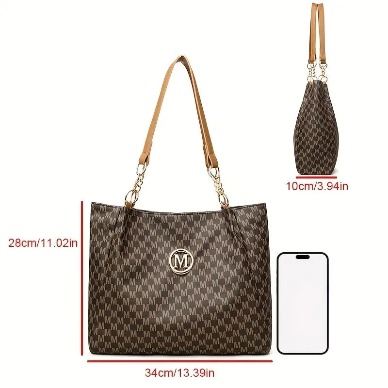 Vintage Geometrische Damen Tote Bag aus Kunstleder – Schultertasche mit Letter „M“ Design, große Shopping- & Reisetasche