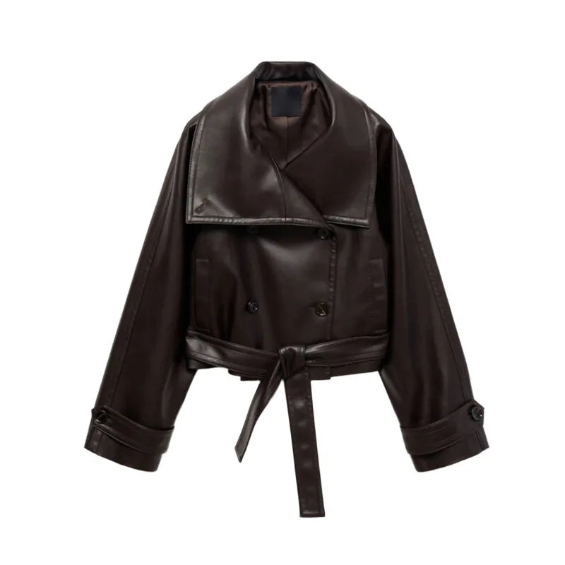 Damen Cropped Kunstleder Jacke Vintage Streetwear 2025 – Kurze High-Street Lederoptik Jacke mit Taschen & Reißverschluss, Herbst/Winter Outwear