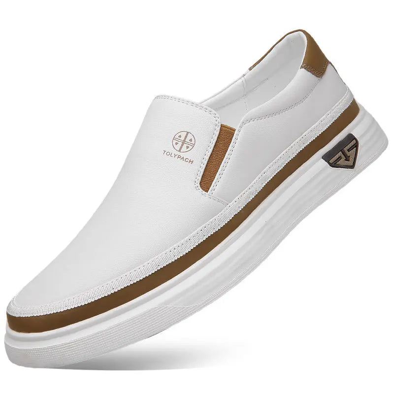 OLOMM Herren Ledersneaker 2025 – Slip-On Casual Schuhe, weiße Alltagssneaker, weich, komfortabel, Frühling/Sommer