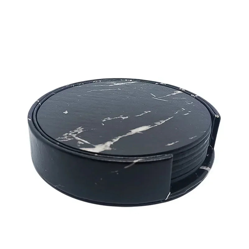 6er Set hitzebeständige PU Leder Untersetzer in Marmor-Optik – Runde Kaffee- & Teeunterlagen in Schwarz/Weiß, pflegeleicht & modern