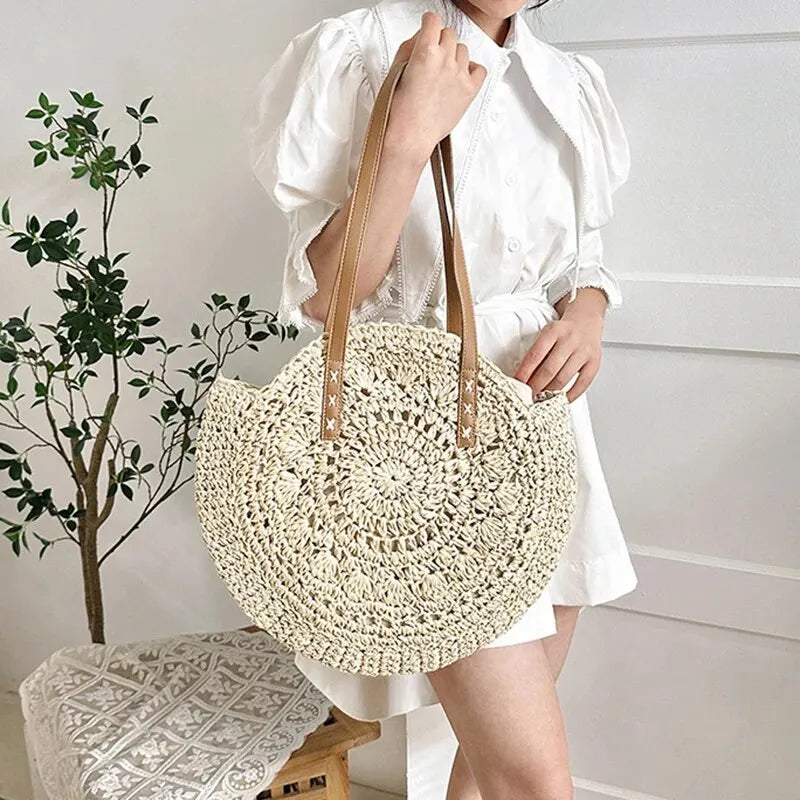 Sommerliche Damen Strandtasche aus Rundem Stroh – Grand sac de plage tissé avec sacs à main Hohem 