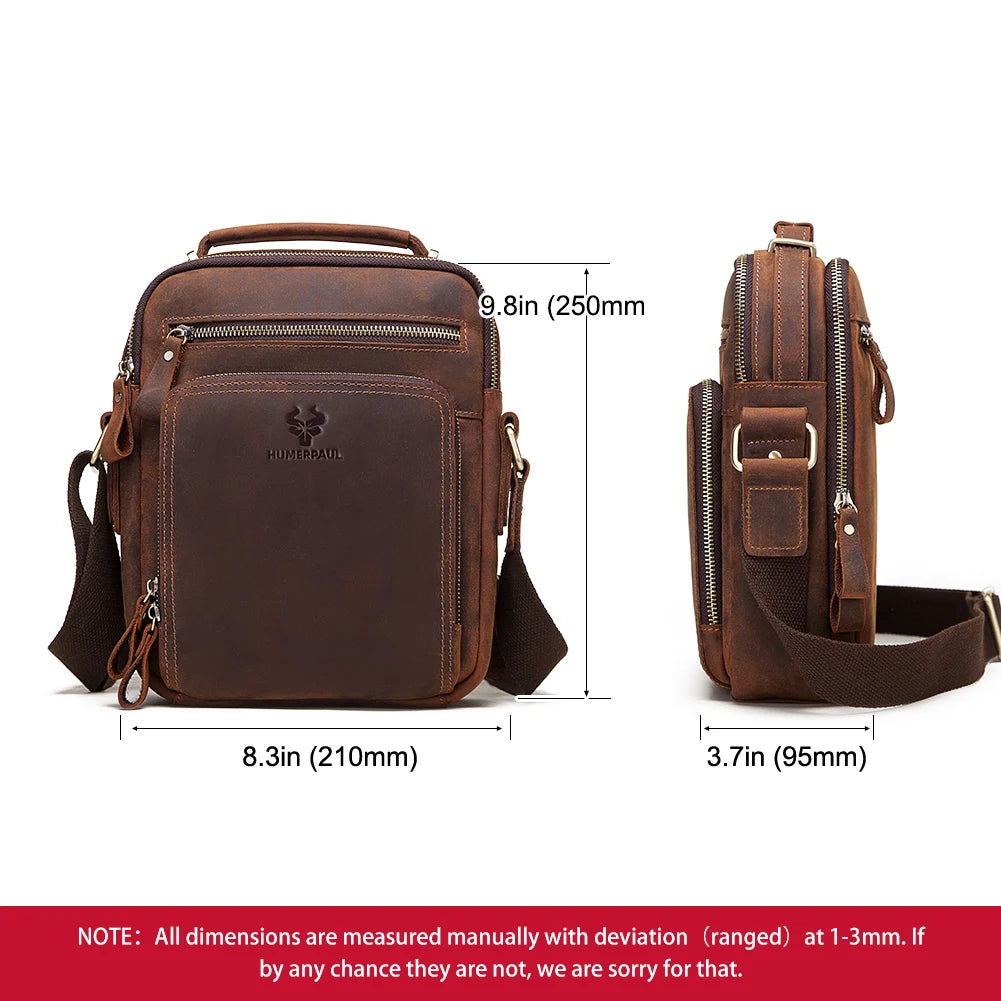 HUMERPAUL Herren Leder Schultertasche – Vintage Crossbody Messenger Bag aus Echtleder mit Großer Kapazität