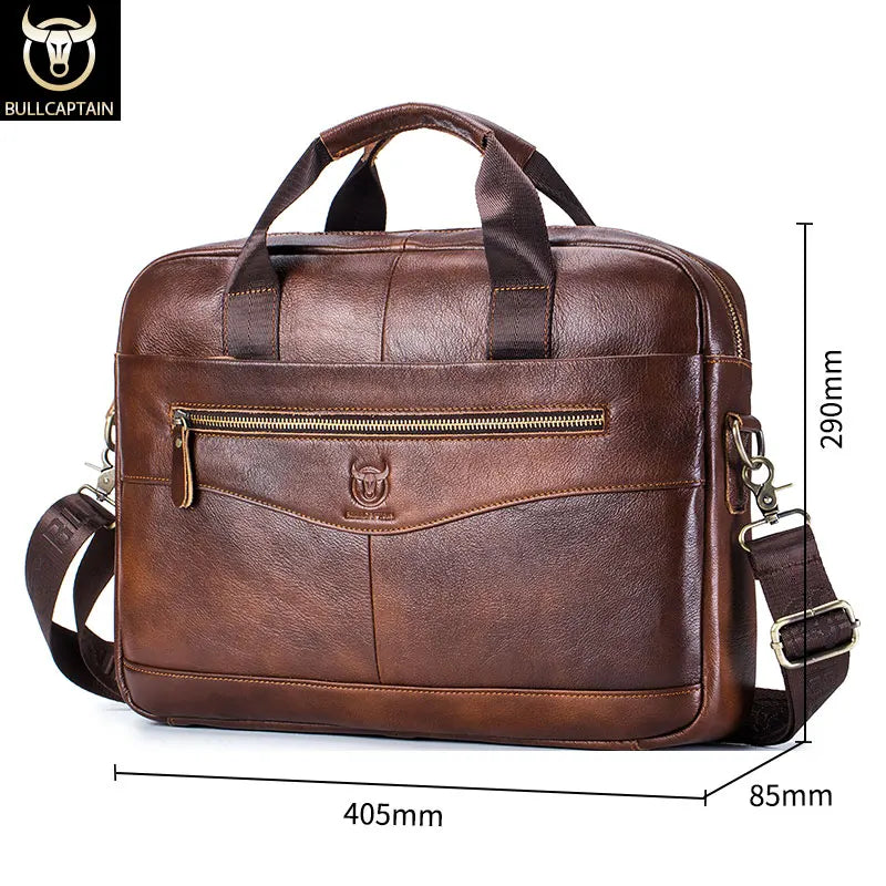 BULLCAPTAIN Herren Leder-Aktentasche – Echtes Rindsleder 14-Zoll Laptop Business Messenger Bag