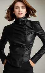 Damen PU Lederjacke mit Stehkragen – Schwarze Slim-Fit Bikerjacke mit Schrägknöpfen, winddichte Streetwear für Herbst &amp; Winter 