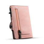 CASEKEY Smart Wallet Pink - Cartera de cuero minimalista y delgada con protección RFID, tarjeta emergente y correa de viaje