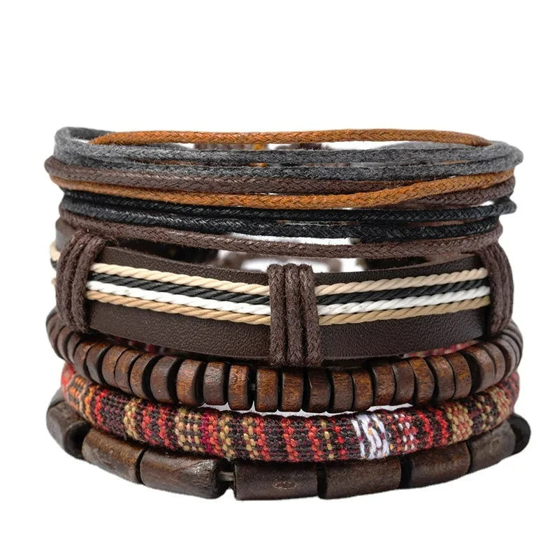 Boho Lederarmband für Herren – Handgeflochtenes Armband mit Holzperlen & Kokosschale, verstellbares Ethno Charm Armband
